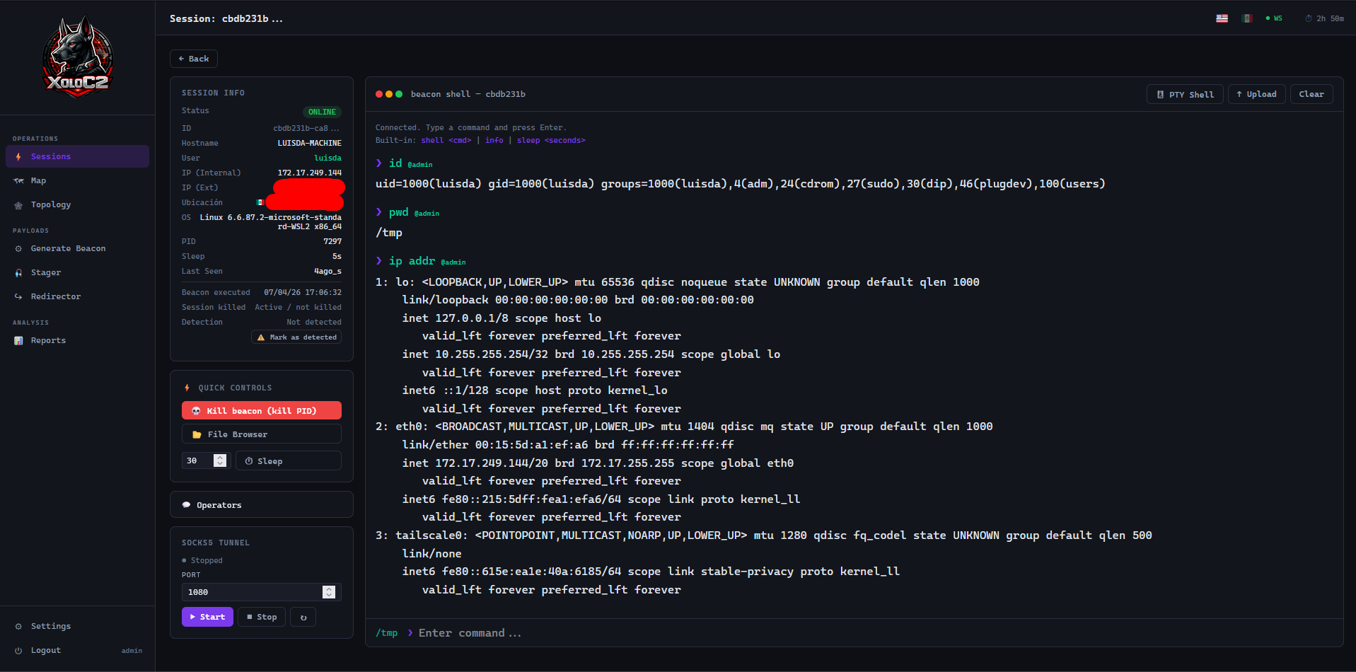 PTY Shell + SOCKS5 Tunnel